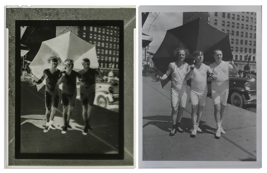 7 Negatives Including Famous Photo of The Three Stooges Walking Sans Clothes in Street Under Umbrella -- Negatives Also Feature Moe Howard & His Family, Measuring 5'' x 4'' -- Very Good